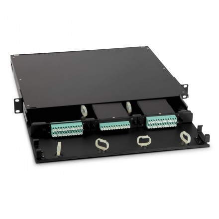 Hyperline FO-19BX-1U-D1-3xSLT-W120H32-EMP Патч-панель 19” универсальная, пустой корпус, 1U, 1 выдвижной лоток (drawer 1U), 3 слота (3х1), вмещает 3 FPM панели с адаптерами или 3 CSS оптические кассеты 120х32 мм - фото 3