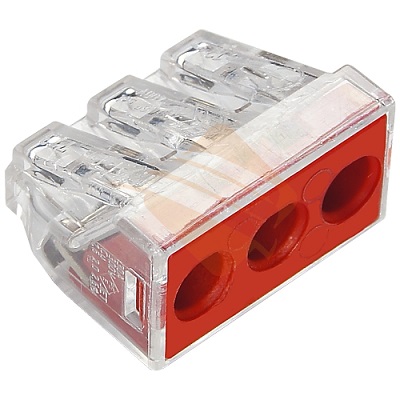 WAGO 773-173 Клеммник соединительный 3-проводной для распределительных коробок, сечением 2.5-6.0 мм2, с плоскопружинным зажимом, с боковым подключением, без пасты, цвет прозрачный с красной крышкой