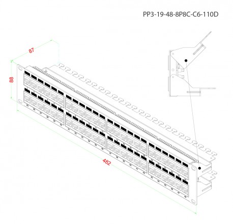 Hyperline PP3-19-48-8P8C-C6-110D Патч-панель 19", 2U, 48 портов RJ-45, категория 6, Dual IDC, ROHS, цвет черный (задний кабельный организатор в комплекте) - фото 5