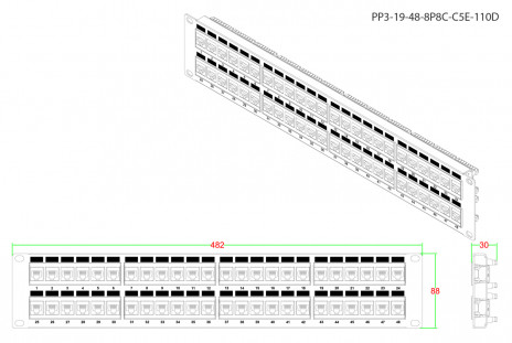 Hyperline PP3-19-48-8P8C-C5E-110D Патч-панель 19", 2U, 48 портов RJ-45, категория 5e, Dual IDC, ROHS, цвет черный - фото 2