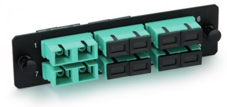 Hyperline FO-FPM-W120H32-12LC-AQ Панель для FO-19BX с 12 LC адаптерами, 12 волокон, многомод OM3/OM4, 120x32 мм, адаптеры цвета аква (aqua)