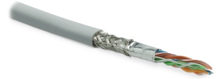 Hyperline SFUTP4-C5E-S24-IN-LSZH-GY (на отрез) Кабель витая пара, экранированный SF/UTP, общий экран оплетка и фольга, категория 5e, 4 пары 24 AWG, 4х2х0,51 мм, однопроволочные жилы, LSZH, нг(А)-HF, внутр.-40°C – +75°C, серый, системная гарантия 25 лет